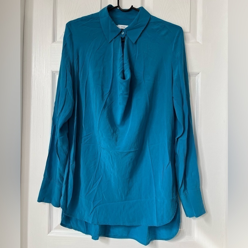 Vince Teal Silk Cowl Neck Blouse Long Sleeve Medium - Picture 5 of 11